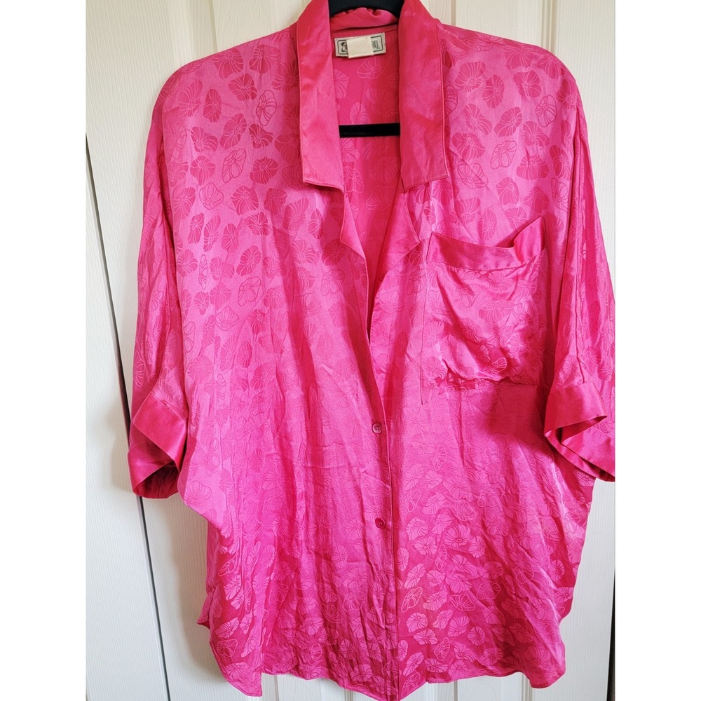 Galadriel S Vintage 100% Silk Blouse Button Front Short Sleeve Oversized‎ Pink